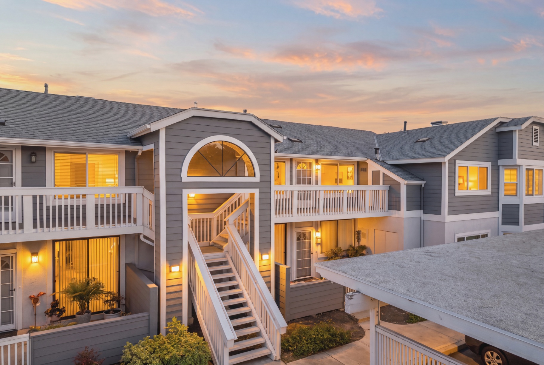 Exterior view of 99 Huntington at dusk